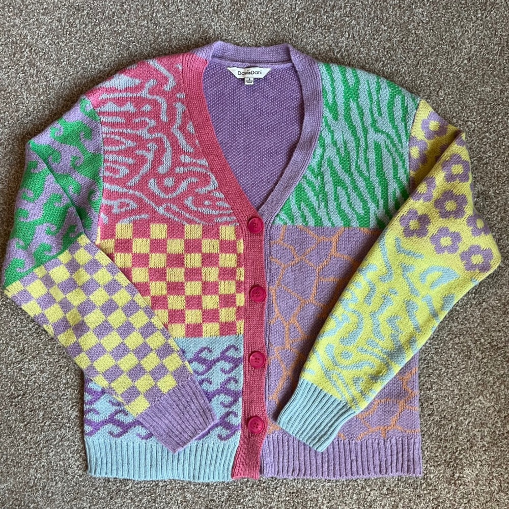 Davi & Dani Multi Pattern Patchwork Cardigan Sweater Pastel Animal Print Small